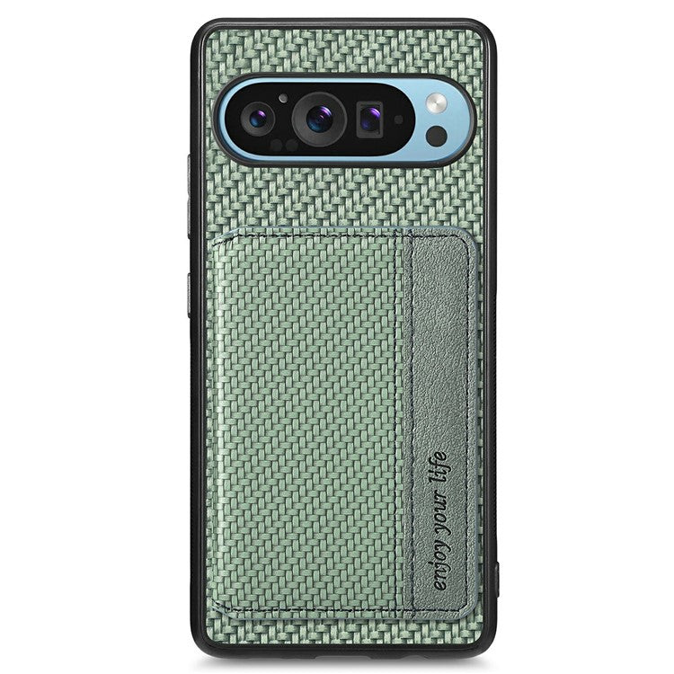For Google Pixel 9 / Pixel 9 Pro Case RFID Blocking Card Holder Carbon Fiber Leather+PC+TPU Phone Cover - Green