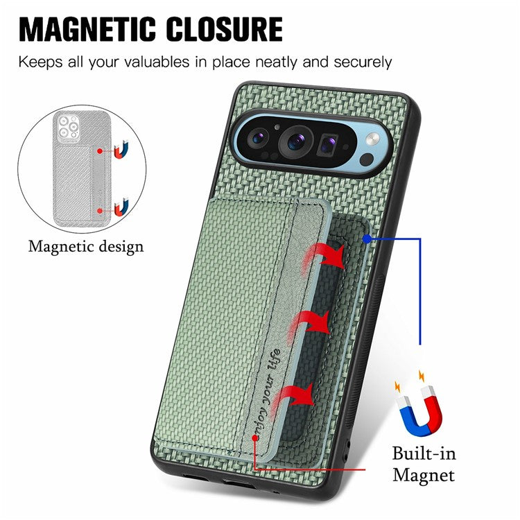 For Google Pixel 9 / Pixel 9 Pro Case RFID Blocking Card Holder Carbon Fiber Leather+PC+TPU Phone Cover - Green