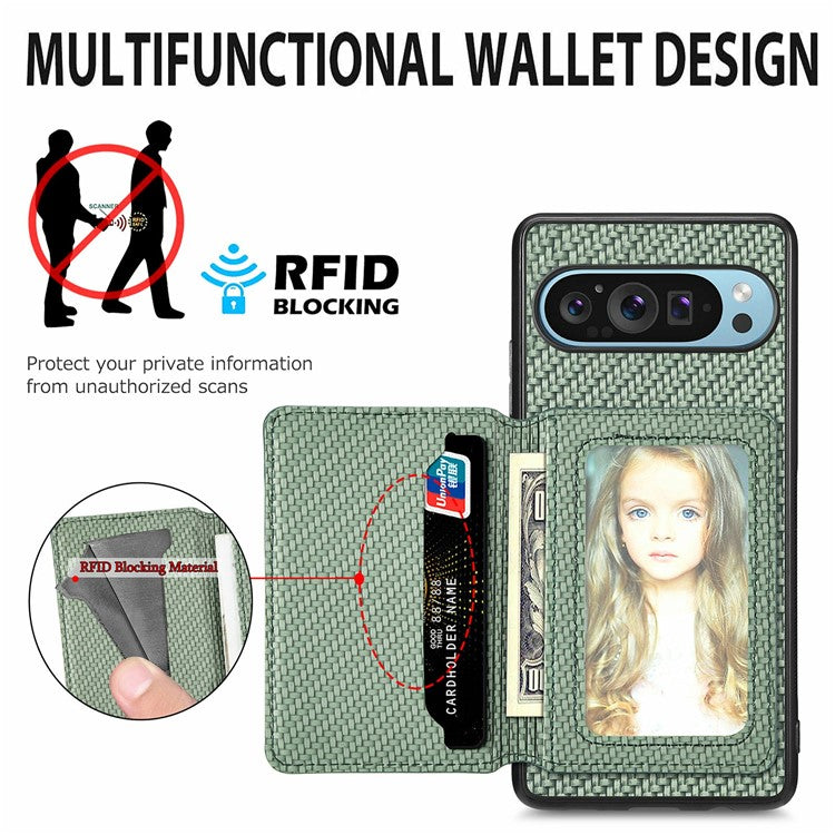 For Google Pixel 9 / Pixel 9 Pro Case RFID Blocking Card Holder Carbon Fiber Leather+PC+TPU Phone Cover - Green