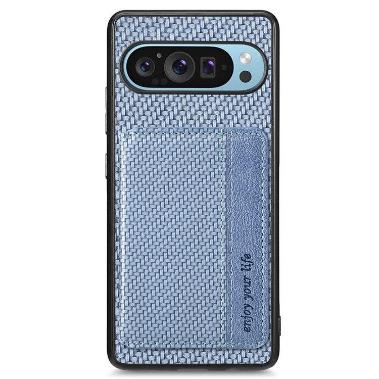 For Google Pixel 9 / Pixel 9 Pro Case RFID Blocking Card Holder Carbon Fiber Leather+PC+TPU Phone Cover - Blue