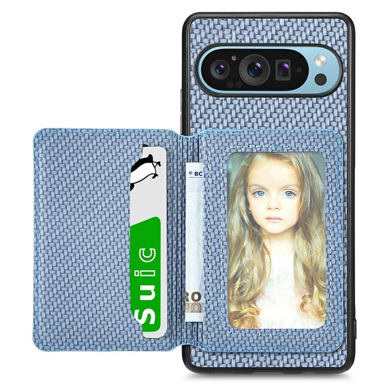 For Google Pixel 9 / Pixel 9 Pro Case RFID Blocking Card Holder Carbon Fiber Leather+PC+TPU Phone Cover - Blue