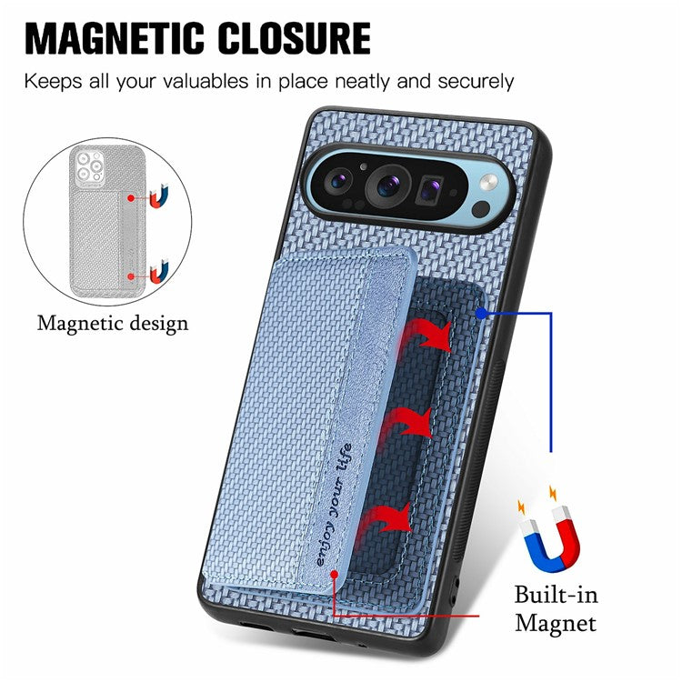 For Google Pixel 9 / Pixel 9 Pro Case RFID Blocking Card Holder Carbon Fiber Leather+PC+TPU Phone Cover - Blue