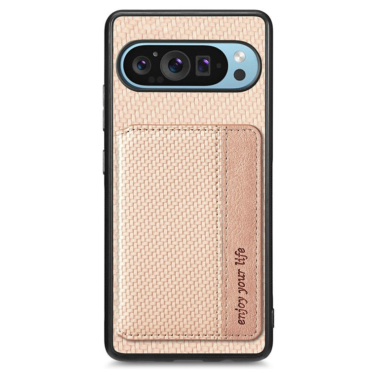 For Google Pixel 9 / Pixel 9 Pro Case RFID Blocking Card Holder Carbon Fiber Leather+PC+TPU Phone Cover - Apricot