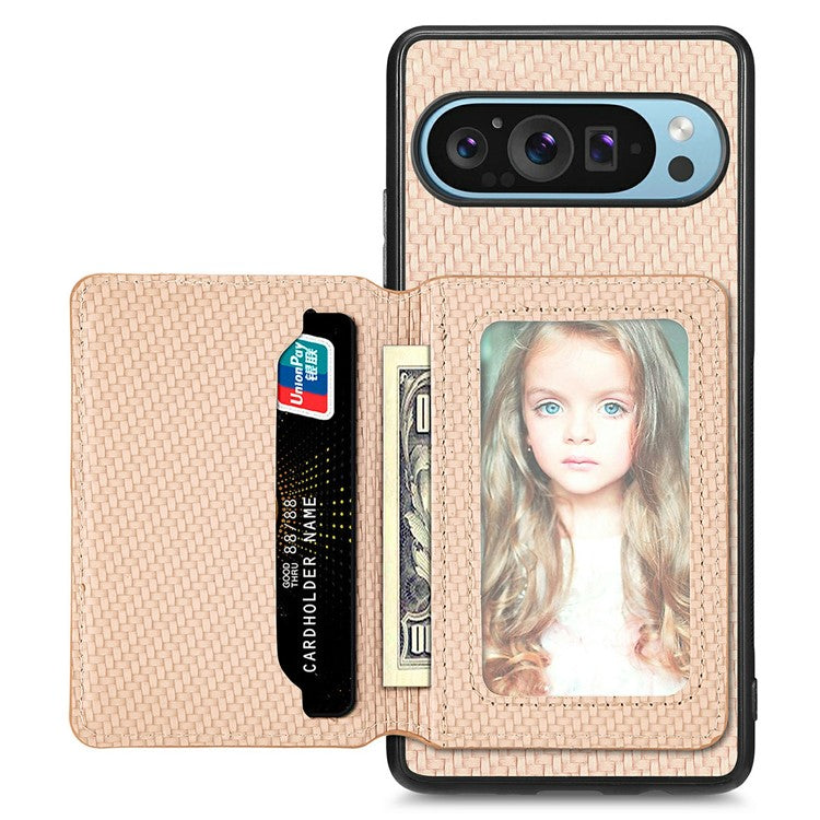 For Google Pixel 9 / Pixel 9 Pro Case RFID Blocking Card Holder Carbon Fiber Leather+PC+TPU Phone Cover - Apricot