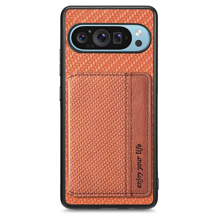 For Google Pixel 9 / Pixel 9 Pro Case RFID Blocking Card Holder Carbon Fiber Leather+PC+TPU Phone Cover - Brown