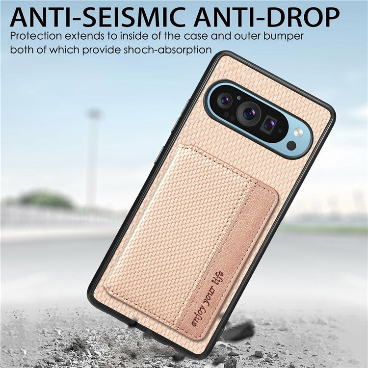 For Google Pixel 9 / Pixel 9 Pro Case RFID Blocking Card Holder Carbon Fiber Leather+PC+TPU Phone Cover - Brown