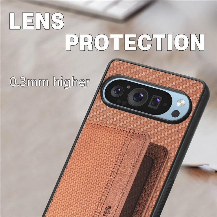 For Google Pixel 9 / Pixel 9 Pro Case RFID Blocking Card Holder Carbon Fiber Leather+PC+TPU Phone Cover - Brown