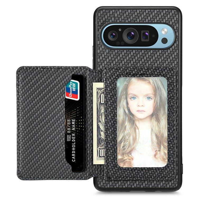 For Google Pixel 9 / Pixel 9 Pro Case RFID Blocking Card Holder Carbon Fiber Leather+PC+TPU Phone Cover - Black