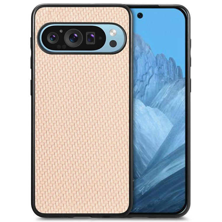 For Google Pixel 9 / Pixel 9 Pro Case Carbon Fiber Texture PU+PC+TPU Phone Cover - Apricot