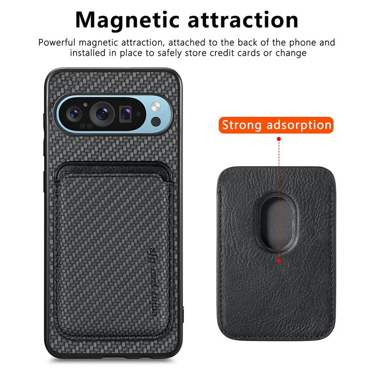For Google Pixel 9 / Pixel 9 Pro Case Carbon Fiber Leather Back Cover with Detachable Card Bag - Black