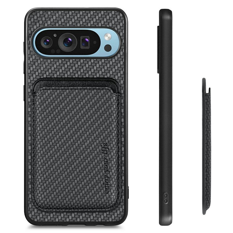 For Google Pixel 9 / Pixel 9 Pro Case Carbon Fiber Leather Back Cover with Detachable Card Bag - Black