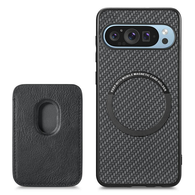 For Google Pixel 9 / Pixel 9 Pro Case Carbon Fiber Leather Back Cover with Detachable Card Bag - Black
