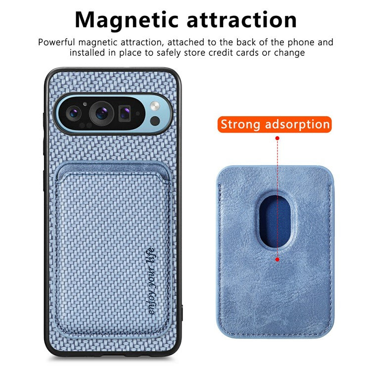 For Google Pixel 9 / Pixel 9 Pro Case Carbon Fiber Leather Back Cover with Detachable Card Bag - Blue