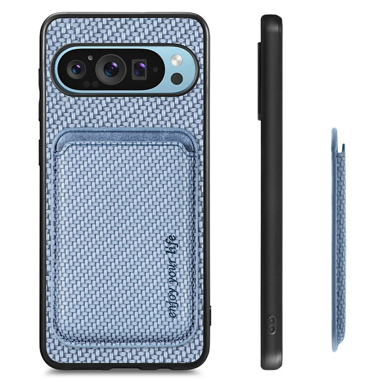 For Google Pixel 9 / Pixel 9 Pro Case Carbon Fiber Leather Back Cover with Detachable Card Bag - Blue