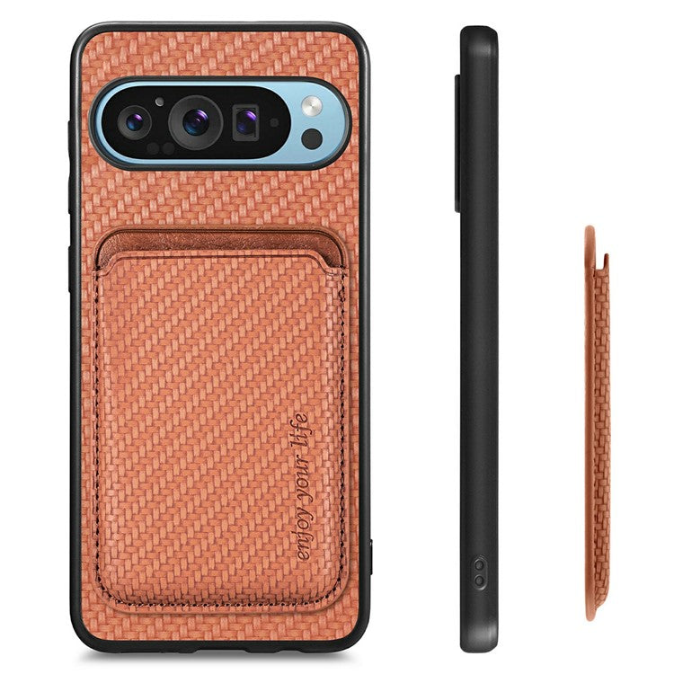 For Google Pixel 9 / Pixel 9 Pro Case Carbon Fiber Leather Back Cover with Detachable Card Bag - Brown