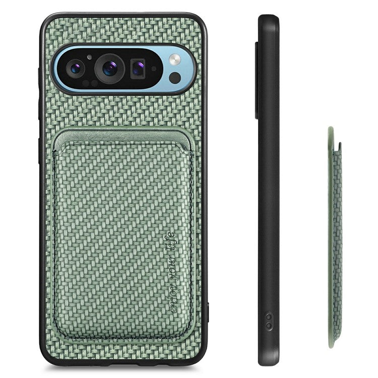 For Google Pixel 9 / Pixel 9 Pro Case Carbon Fiber Leather Back Cover with Detachable Card Bag - Green