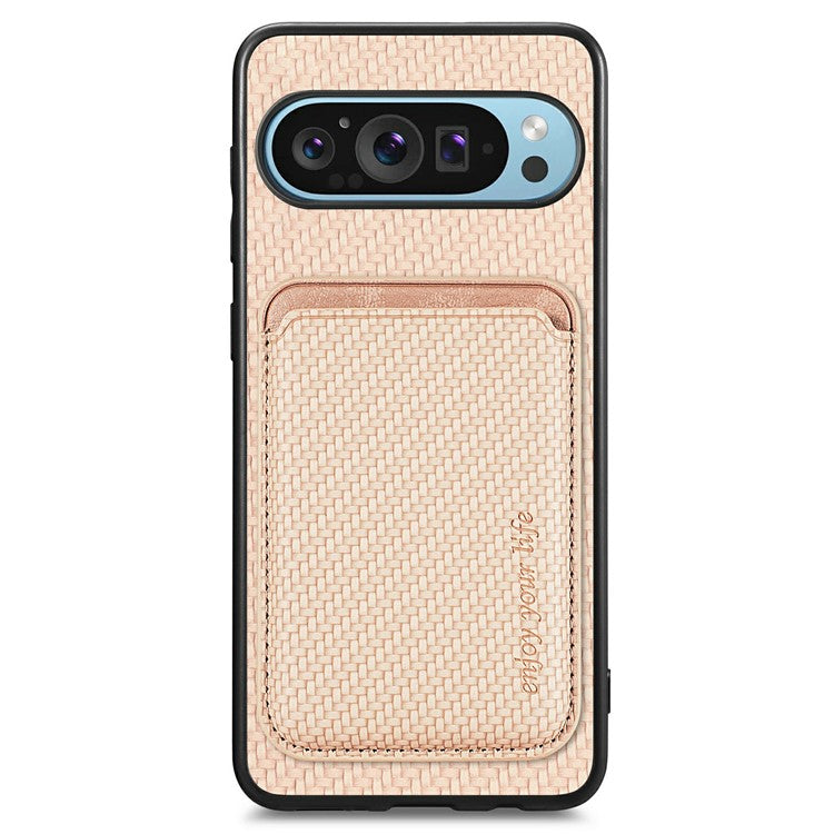 For Google Pixel 9 / Pixel 9 Pro Case Carbon Fiber Leather Back Cover with Detachable Card Bag - Apricot