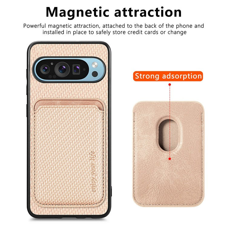 For Google Pixel 9 / Pixel 9 Pro Case Carbon Fiber Leather Back Cover with Detachable Card Bag - Apricot