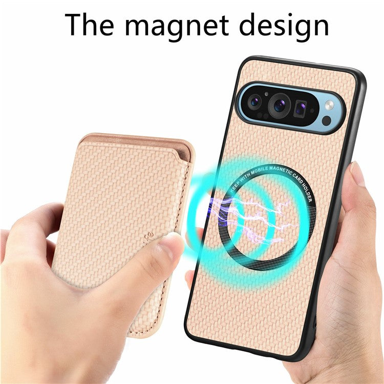 For Google Pixel 9 / Pixel 9 Pro Case Carbon Fiber Leather Back Cover with Detachable Card Bag - Apricot