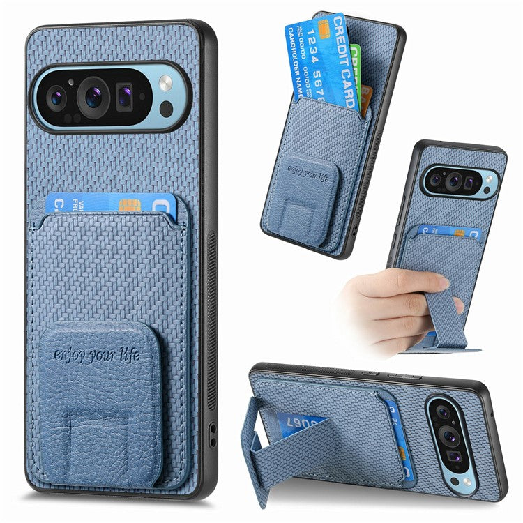 For Google Pixel 9 / Pixel 9 Pro Case Card Holder Carbon Fiber Texture Leather Coated TPU Phone Cover - Blue