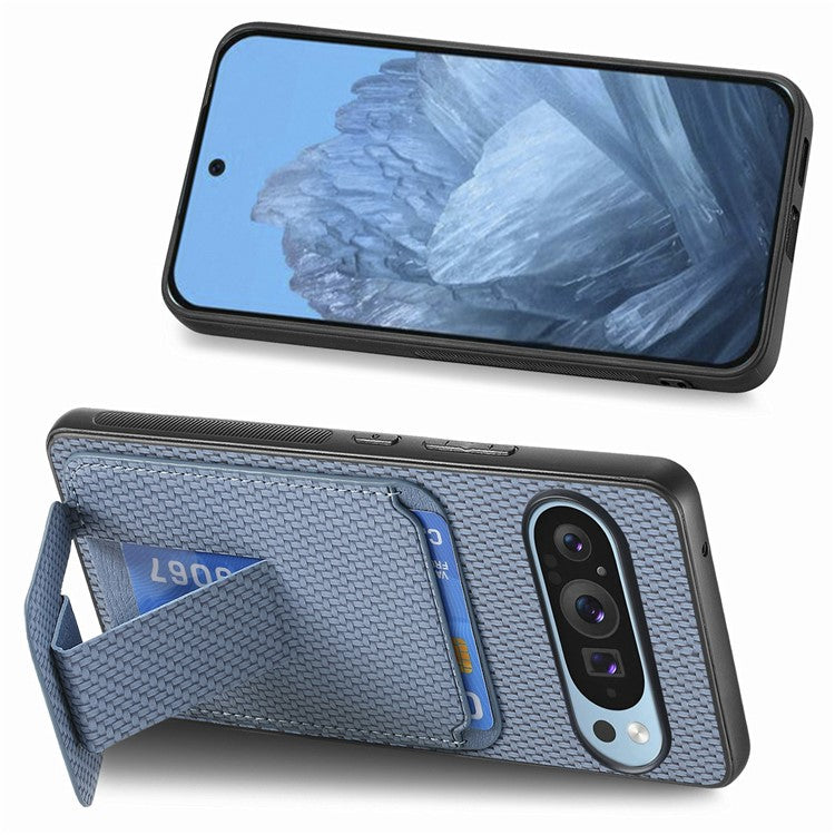 For Google Pixel 9 / Pixel 9 Pro Case Card Holder Carbon Fiber Texture Leather Coated TPU Phone Cover - Blue