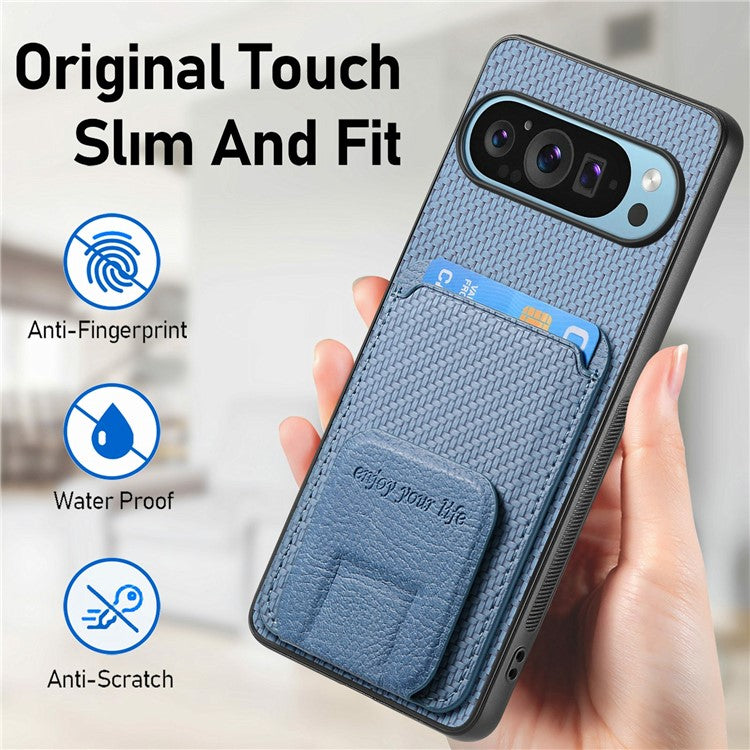 For Google Pixel 9 / Pixel 9 Pro Case Card Holder Carbon Fiber Texture Leather Coated TPU Phone Cover - Blue