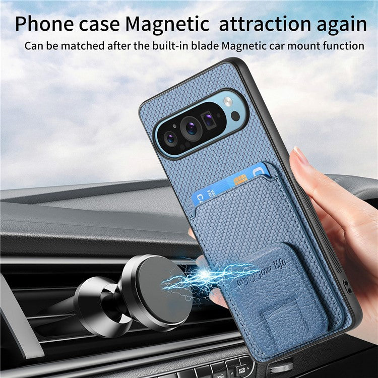 For Google Pixel 9 / Pixel 9 Pro Case Card Holder Carbon Fiber Texture Leather Coated TPU Phone Cover - Blue