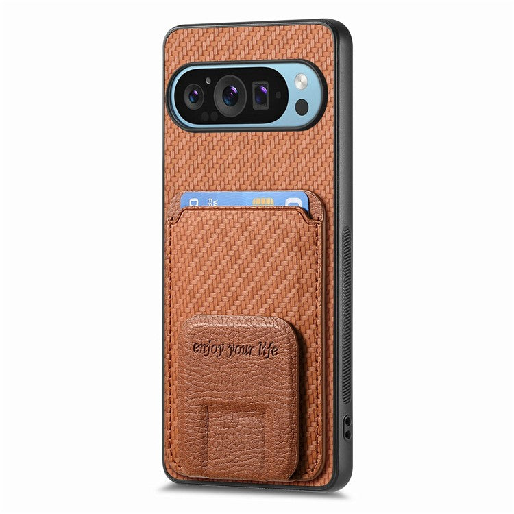 For Google Pixel 9 / Pixel 9 Pro Case Card Holder Carbon Fiber Texture Leather Coated TPU Phone Cover - Brown