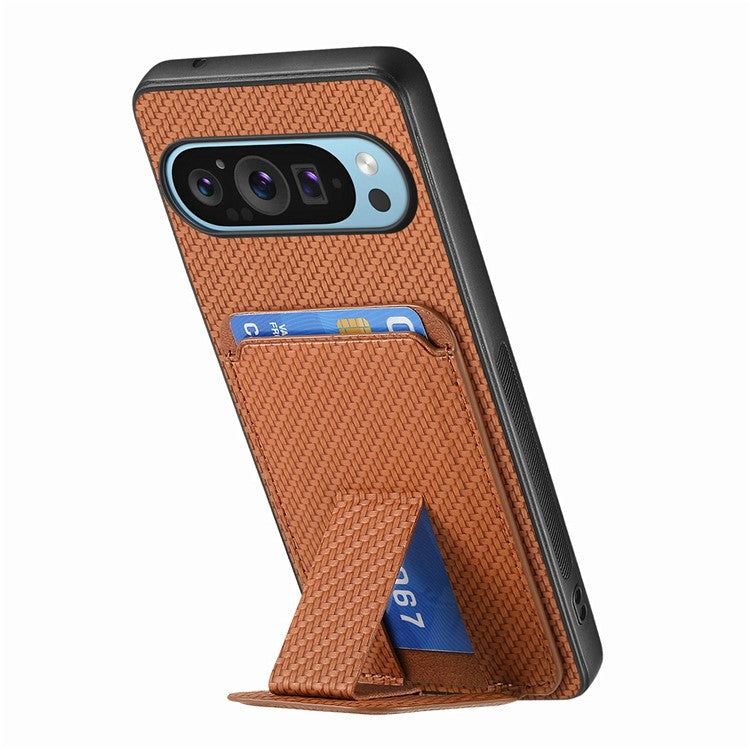 For Google Pixel 9 / Pixel 9 Pro Case Card Holder Carbon Fiber Texture Leather Coated TPU Phone Cover - Brown