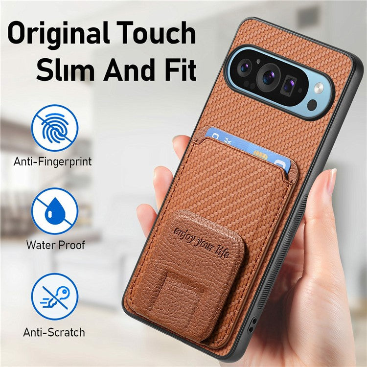 For Google Pixel 9 / Pixel 9 Pro Case Card Holder Carbon Fiber Texture Leather Coated TPU Phone Cover - Brown