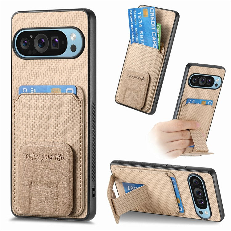 For Google Pixel 9 / Pixel 9 Pro Case Card Holder Carbon Fiber Texture Leather Coated TPU Phone Cover - Beige