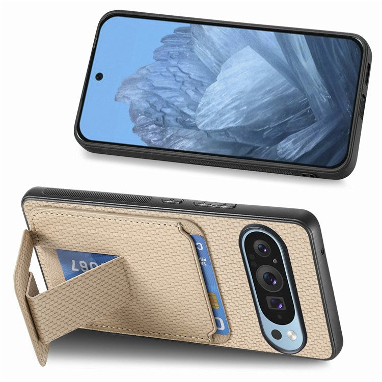 For Google Pixel 9 / Pixel 9 Pro Case Card Holder Carbon Fiber Texture Leather Coated TPU Phone Cover - Beige