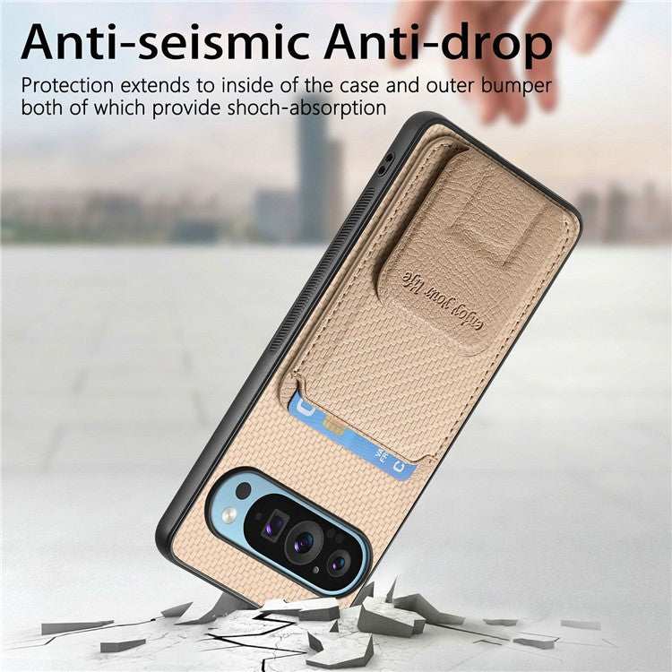 For Google Pixel 9 / Pixel 9 Pro Case Card Holder Carbon Fiber Texture Leather Coated TPU Phone Cover - Beige