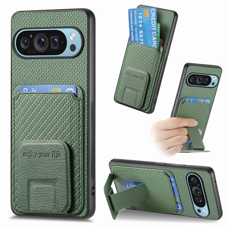 For Google Pixel 9 / Pixel 9 Pro Case Card Holder Carbon Fiber Texture Leather Coated TPU Phone Cover - Green