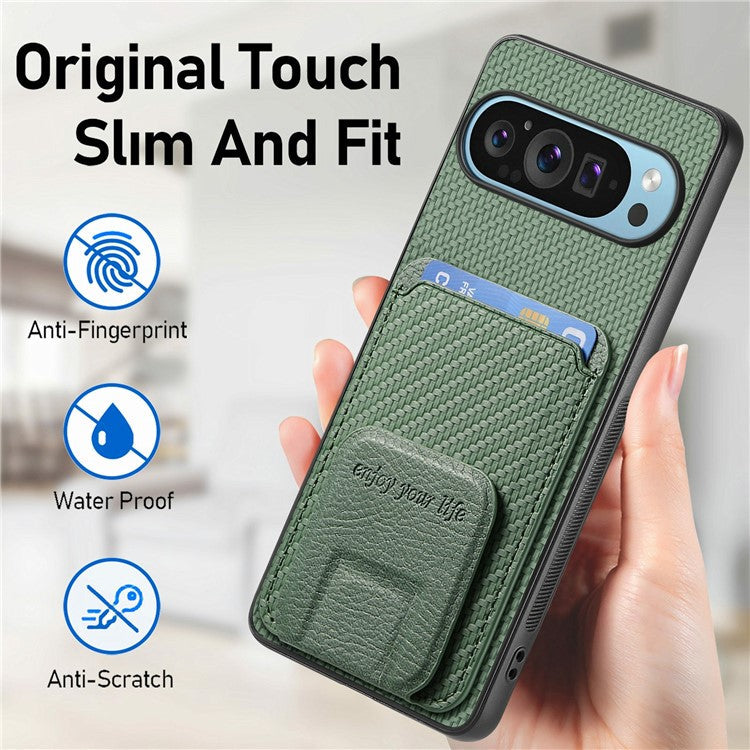 For Google Pixel 9 / Pixel 9 Pro Case Card Holder Carbon Fiber Texture Leather Coated TPU Phone Cover - Green
