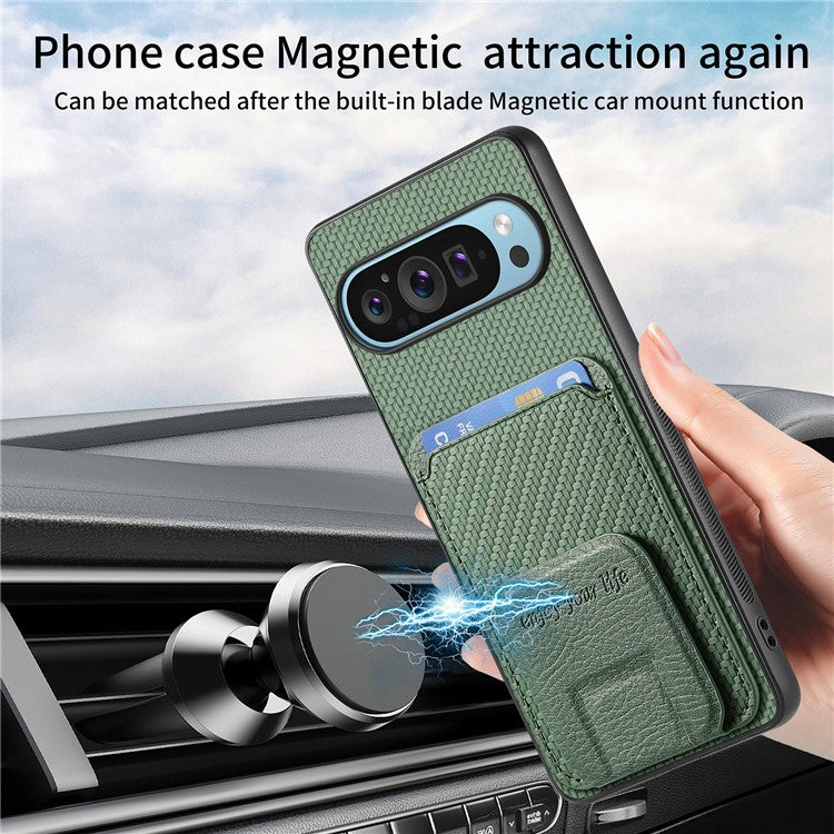 For Google Pixel 9 / Pixel 9 Pro Case Card Holder Carbon Fiber Texture Leather Coated TPU Phone Cover - Green