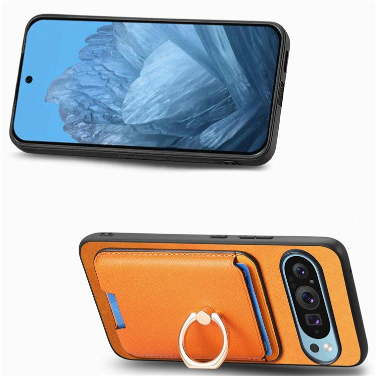 For Google Pixel 9 / Pixel 9 Pro Magnetic Case Leather+TPU Phone Cover Detachable Card Bag - Orange