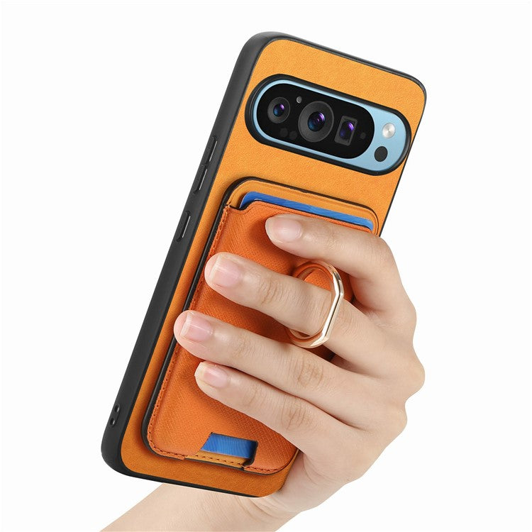 For Google Pixel 9 / Pixel 9 Pro Magnetic Case Leather+TPU Phone Cover Detachable Card Bag - Orange