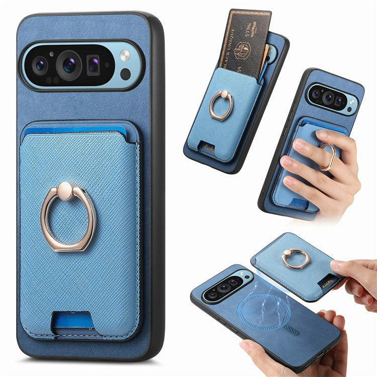 For Google Pixel 9 / Pixel 9 Pro Magnetic Case Leather+TPU Phone Cover Detachable Card Bag - Blue