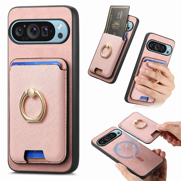 For Google Pixel 9 / Pixel 9 Pro Magnetic Case Leather+TPU Phone Cover Detachable Card Bag - Pink