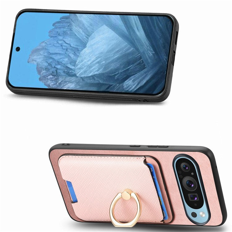 For Google Pixel 9 / Pixel 9 Pro Magnetic Case Leather+TPU Phone Cover Detachable Card Bag - Pink