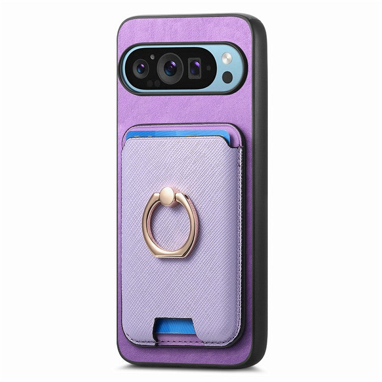For Google Pixel 9 / Pixel 9 Pro Magnetic Case Leather+TPU Phone Cover Detachable Card Bag - Purple