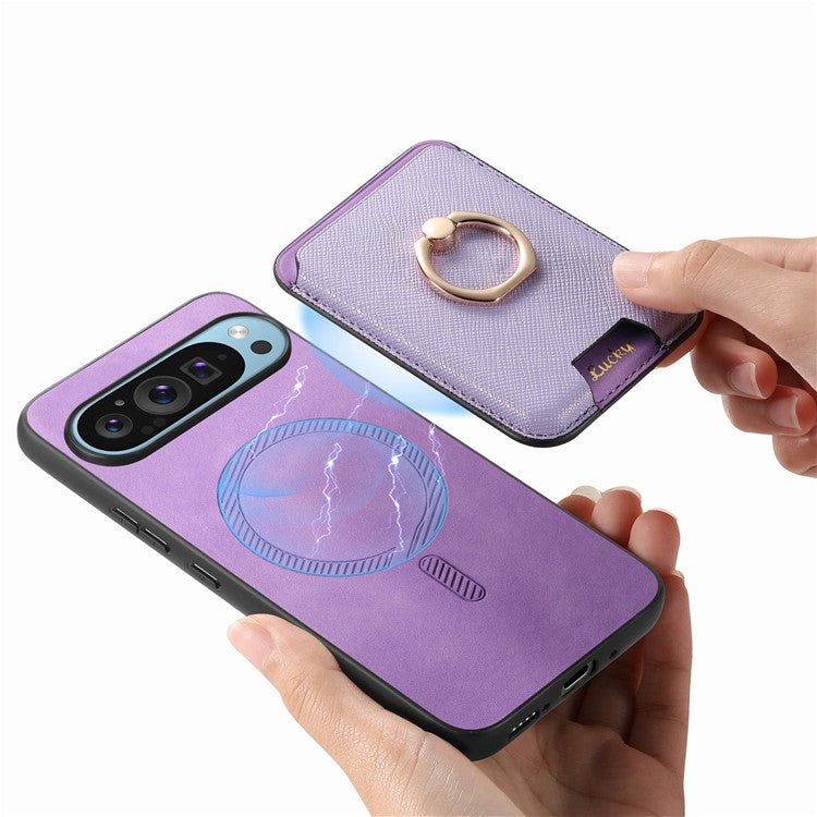 For Google Pixel 9 / Pixel 9 Pro Magnetic Case Leather+TPU Phone Cover Detachable Card Bag - Purple