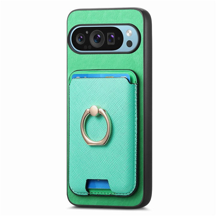 For Google Pixel 9 / Pixel 9 Pro Magnetic Case Leather+TPU Phone Cover Detachable Card Bag - Green