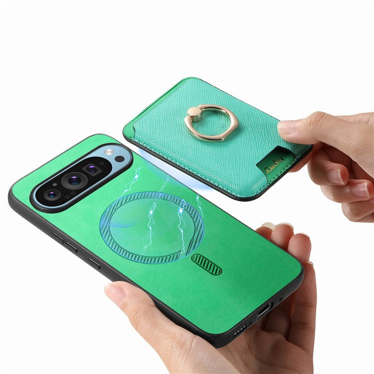 For Google Pixel 9 / Pixel 9 Pro Magnetic Case Leather+TPU Phone Cover Detachable Card Bag - Green