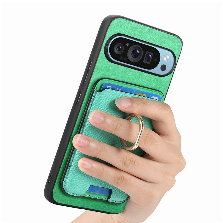 For Google Pixel 9 / Pixel 9 Pro Magnetic Case Leather+TPU Phone Cover Detachable Card Bag - Green