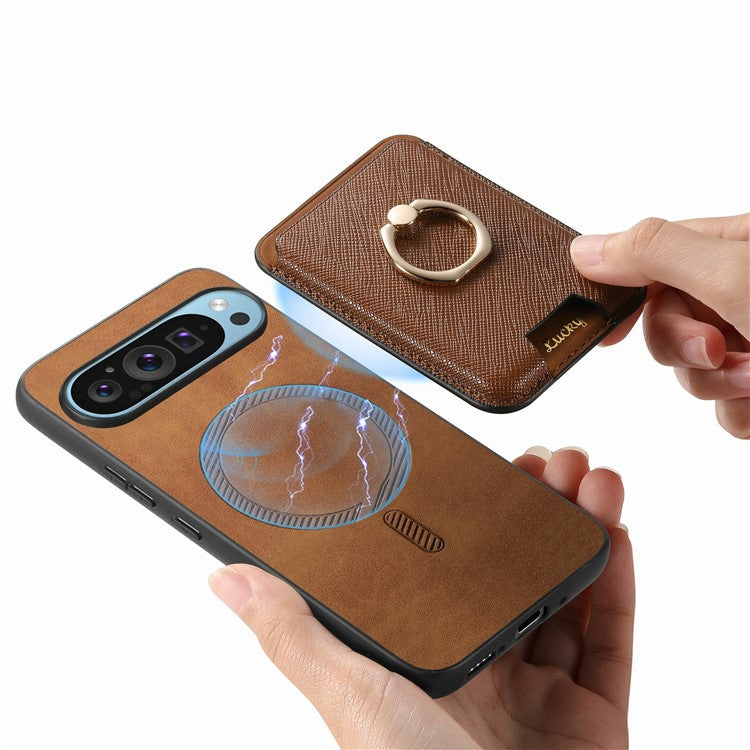 For Google Pixel 9 / Pixel 9 Pro Magnetic Case Leather+TPU Phone Cover Detachable Card Bag - Brown