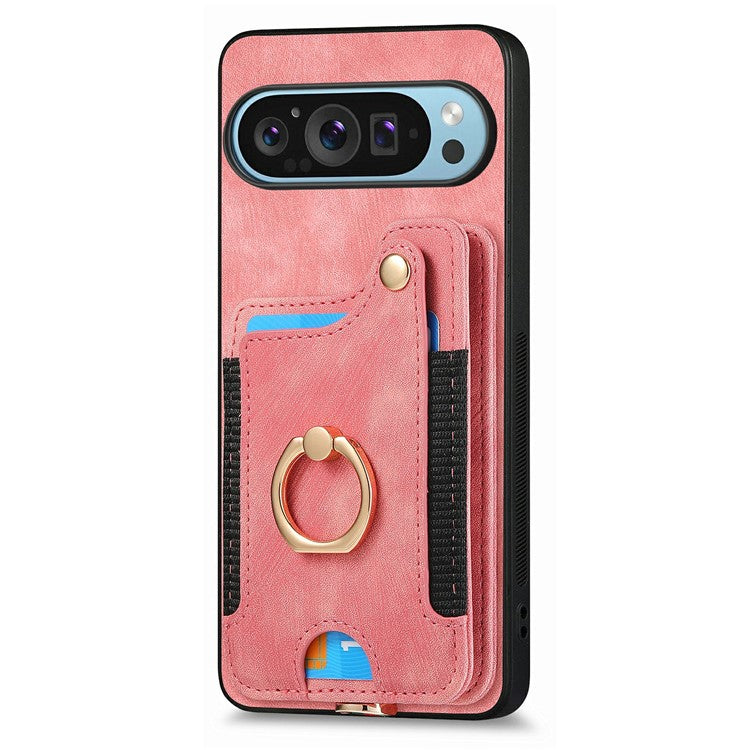 For Google Pixel 9 / Pixel 9 Pro Case RFID Blocking Handbag Leather+TPU Phone Cover Card Slots, Ring Holder - Pink