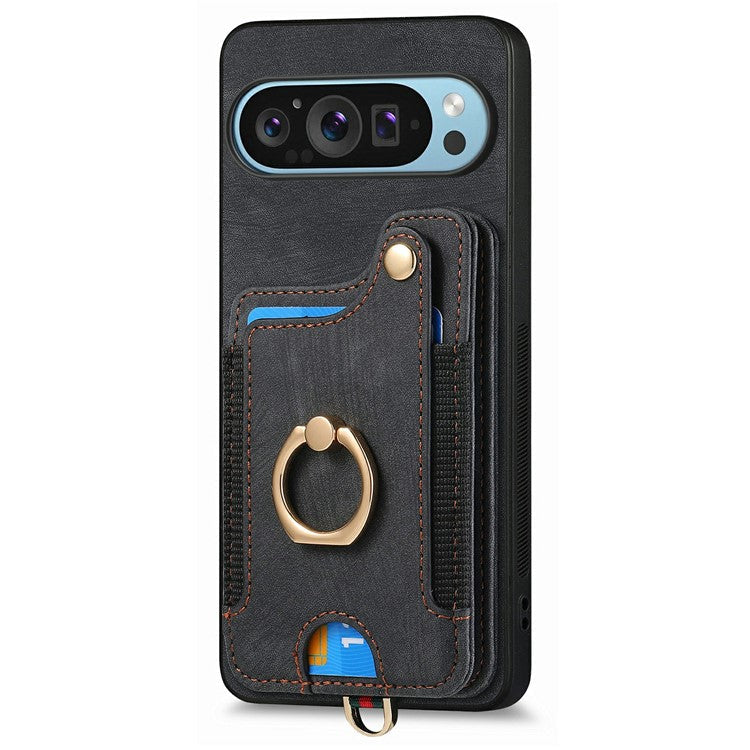 For Google Pixel 9 / Pixel 9 Pro Case RFID Blocking Handbag Leather+TPU Phone Cover Card Slots, Ring Holder - Black