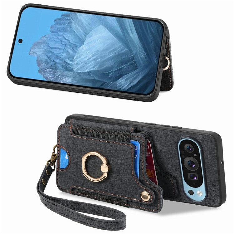 For Google Pixel 9 / Pixel 9 Pro Case RFID Blocking Handbag Leather+TPU Phone Cover Card Slots, Ring Holder - Black